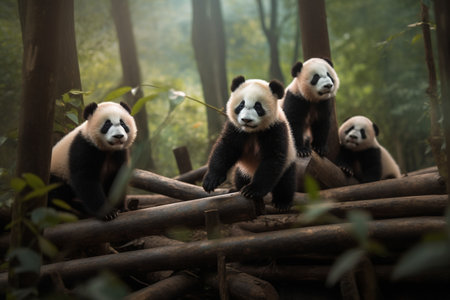 Cute and fluffy panda cubs climb their way up a tree, eagerly munching on bamboo leaves as they go (generative AI)の素材