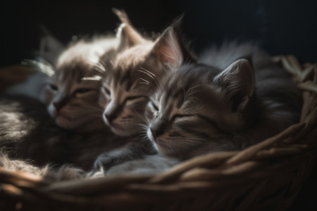 A litter of adorable kittens are sleeping soundly and snuggled up together in a cozy cat bed (generative AI)の素材