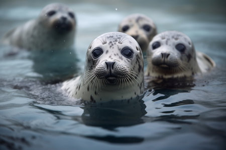 A group of playful seal pups are swimming and frolicking in the icy waters of the Arctic (generative AI)の素材