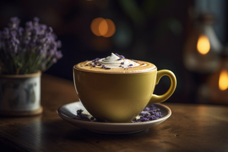 A lavender latte at a cozy cafeの素材