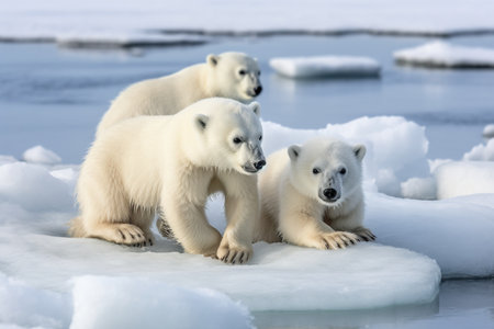 A group of polar bear cubs play and slide on the icy surface of the arctic ocean (generative AI)の素材