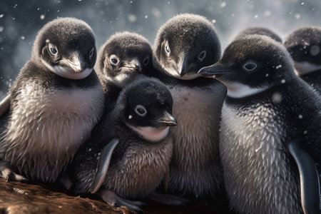Baby penguins huddle for warmth on icy shore (generative AI)の素材