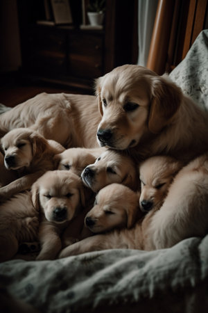 A litter of fluffy golden retriever puppies are cuddling with their mom in a cozy bed (generative AI)の素材