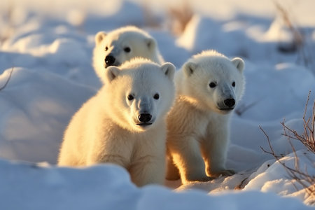 A litter of fluffy white polar bear cubs play and explore in their icy tundra home (generative AI)の素材