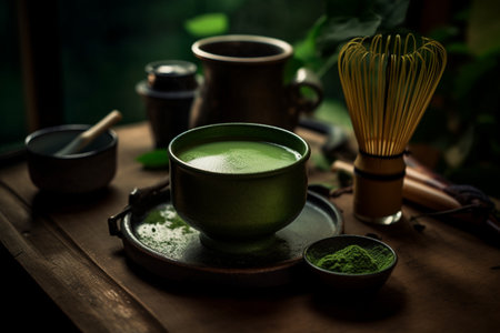 A matcha tea ceremony in a Japanese gardenの素材