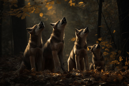 A litter of wolf pups howl at a full moon in the forest (generative AI)の素材
