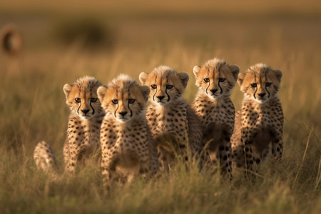 The cheetah cubs are learning to hunt and chase prey in the grassy savannah (generative AI)の素材