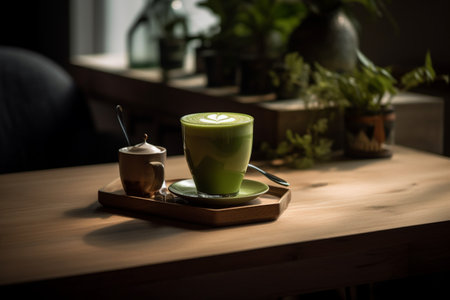 A matcha latte at a minimalist cafeの素材