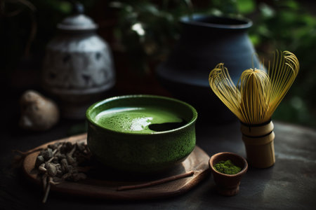 A matcha tea ceremony in a Japanese gardenの素材