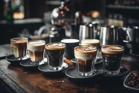 Dark roast coffees in a hipster cafe, strong and aromaticの素材