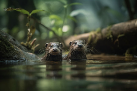 A duo of diminutive otter pups are frolicking and swimming in a crystal-clear river in the dense forest (generative AI)の素材