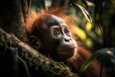 Baby orangutan curious about lush canopy of rainforest (generative AI)の素材