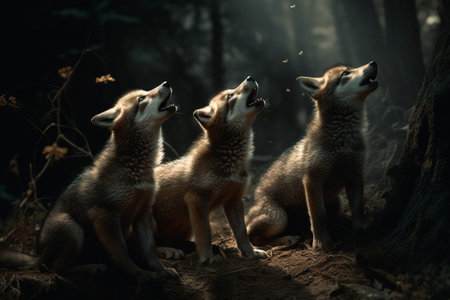 A litter of wolf pups howl at a full moon in the forest (generative AI)の素材