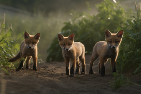 The curious fox cubs venture into a farm field during the sunrise (generative AI)の素材
