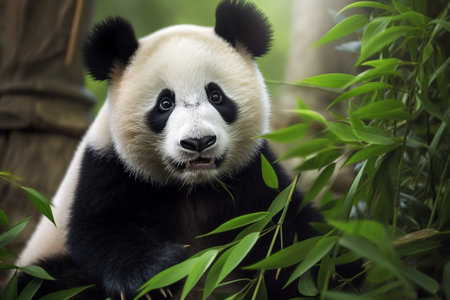 The panda cub is delighting in fresh bamboo shoots in its lush bamboo forest habitat (generative AI)の素材