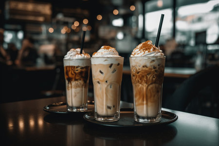 Iced caramel macchiatos in a busy cafe, energizing and sweetの素材