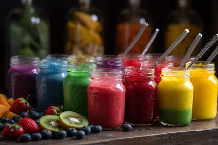 A colorful smoothie bar with a wide variety of fresh fruits and flavorsの素材
