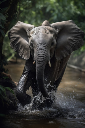 Baby elephant is enjoying a refreshing swim in the waterhole surrounded by lush greenery (generative AI)の素材