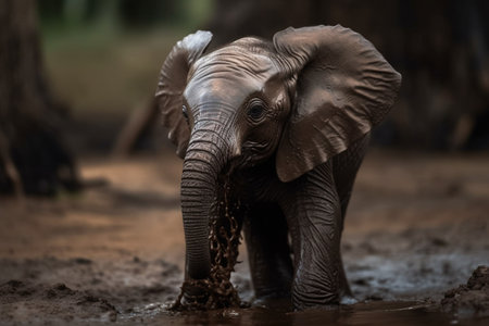 The baby elephant is playing with its trunk in a muddy waterhole amidst the lush greenery of the African savannah (generative AI)の素材