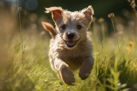 The playful and energetic puppy is running and jumping around in a lush green meadow on a bright and sunny day (generative AI)の素材