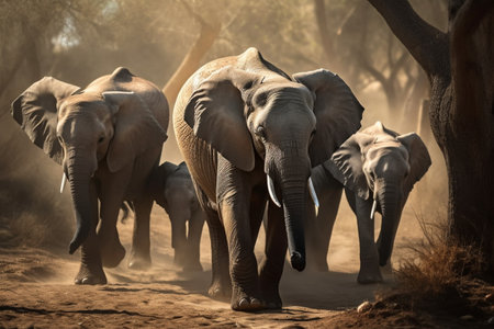 Herd of baby elephants journey to watering hole in the savannah (generative AI)の素材