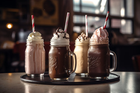 Chocolate milkshakes in a vintage diner, classic and indulgentの素材
