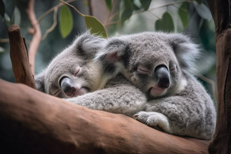 The cute baby koalas are sleeping high up in the eucalyptus trees (generative AI)の素材