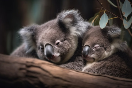 The cute baby koalas are sleeping high up in the eucalyptus trees (generative AI)の素材