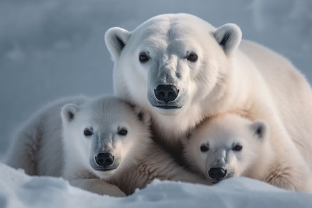 The polar bear cubs are snuggling with their mother in the icy Arctic environment (generative AI)の素材