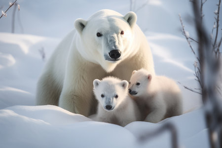 Polar bear cubs enjoying playtime with mother in Arctic (generative AI)の素材