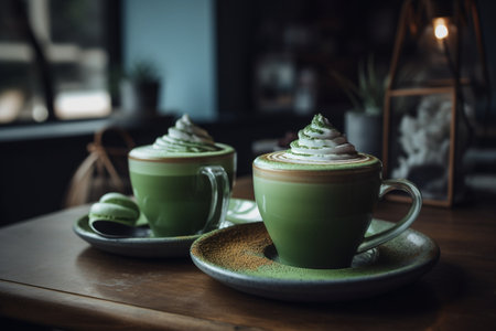 Green tea lattes in a cozy coffee shop, warm and earthyの素材