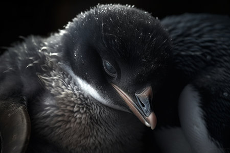 In the freezing and icy Antarctic, the tiny baby penguin cuddles with its parent to keep warm and protected from the harsh and unforgiving elements (generative AI)の素材