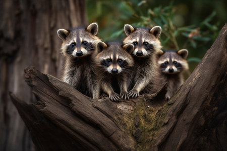 The adorable raccoon kits are playing, climbing and exploring around a tree trunk in the peaceful environment of a suburban backyard (generative AI)の素材