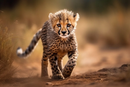 Cheetah cub sprinting across the savannah (generative AI)の素材