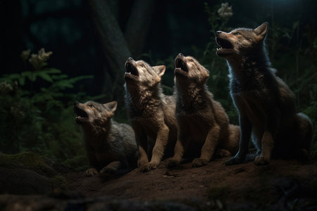 A pack of wolf cubs are howling under a full moon in an open field with a mountain range in the background (generative AI)の素材