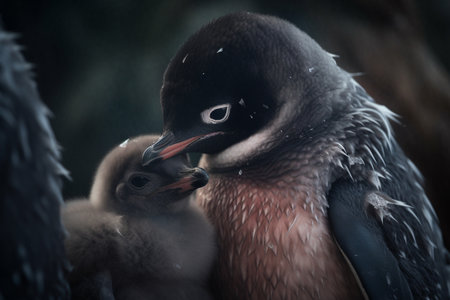 In the freezing and icy Antarctic, the tiny baby penguin cuddles with its parent to keep warm and protected from the harsh and unforgiving elements (generative AI)の素材