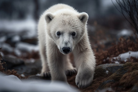 The polar bear cub is wandering around the frozen tundra, discovering all the wonders of the Arctic environment (generative AI)の素材