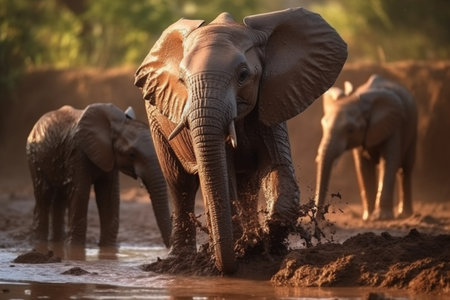 The baby elephant is frolicking in the river mud with its family (generative AI)の素材
