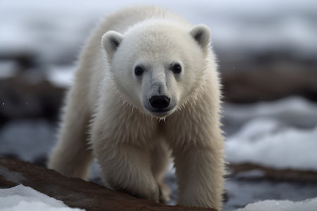 The polar bear cub is wandering around the frozen tundra, discovering all the wonders of the Arctic environment (generative AI)の素材