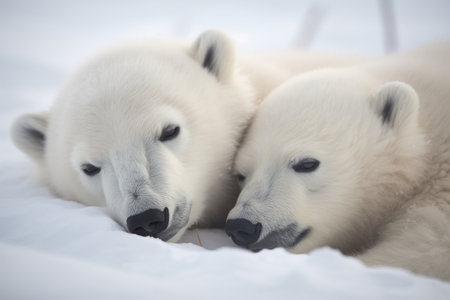 The two fluffy bear cubs snuggle together in their pristine Arctic home, surrounded by vast expanses of snowy tundra (generative AI)の素材
