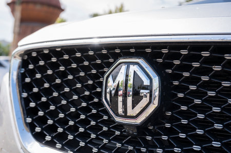 Germany, Cottbus, August 24, 2023, The MG logo in the radiator of a carのeditorial素材