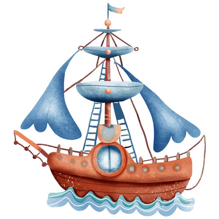 Illustration of a cartoon pirate ship with a flag on a white backgroundのイラスト素材