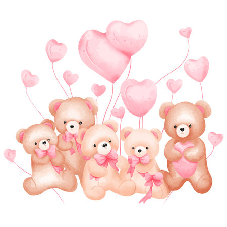 cute teddy bears with hearts and balloons on a white backgroundのイラスト素材
