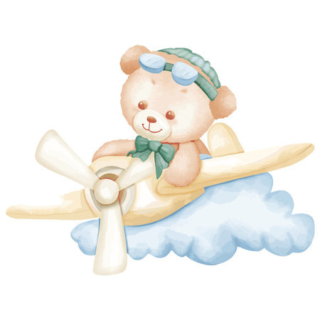 Cute teddy bear on the plane. Watercolor vector illustration.のイラスト素材