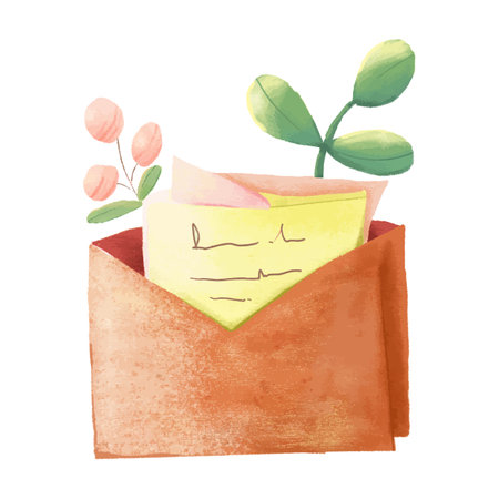 Watercolor illustration of an envelope with a postcard and a plant