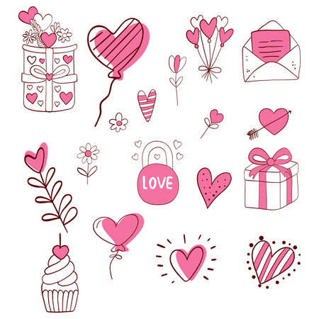 Valentine's day doodle icons set. Hand drawn vector illustration.のイラスト素材
