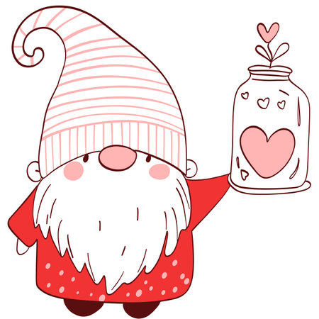 Cute gnome with a jar of love. Vector illustration.のイラスト素材