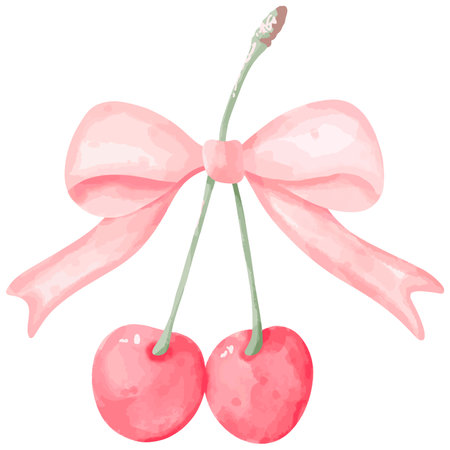 Illustration of a cherry tied with a bow on a white backgroundのイラスト素材