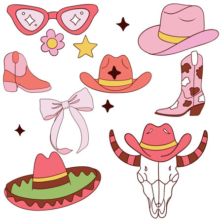 Illustration of a set of cowboy hats, boots, and other accessoriesのイラスト素材