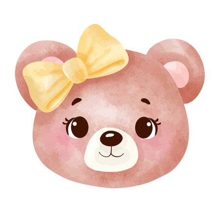 Cute baby bear face with yellow bow. Hand drawn vector illustration.のイラスト素材